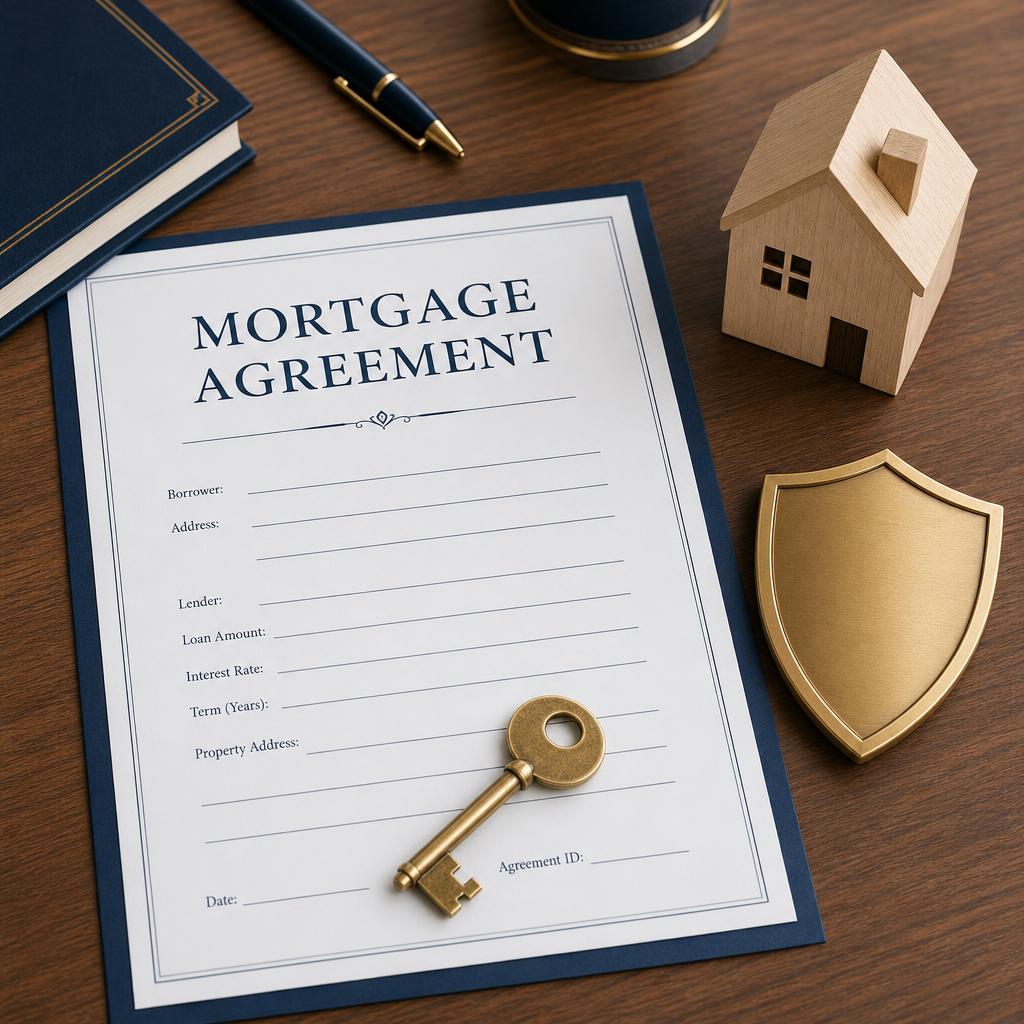 Mortgage agreement document with a brass key, wooden model house, and gold protection shield